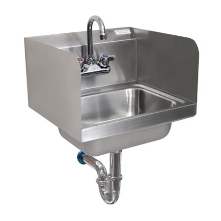 Bk Resources Hand Sink Stainless Steel W/Side Splashes, Faucet, P-Trap 2 Holes BKHS-W-1410-SS-PT-G